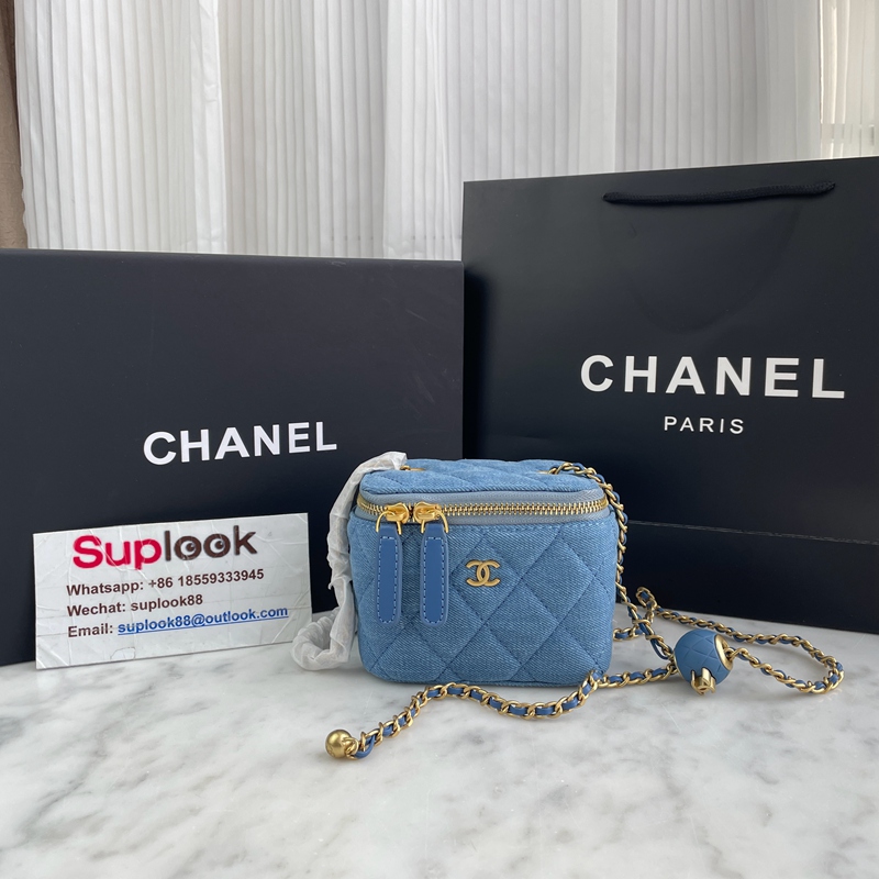 Chanel Mini Pearl Crush Vanity With Chain Denim Aged Gold Hardware (2)