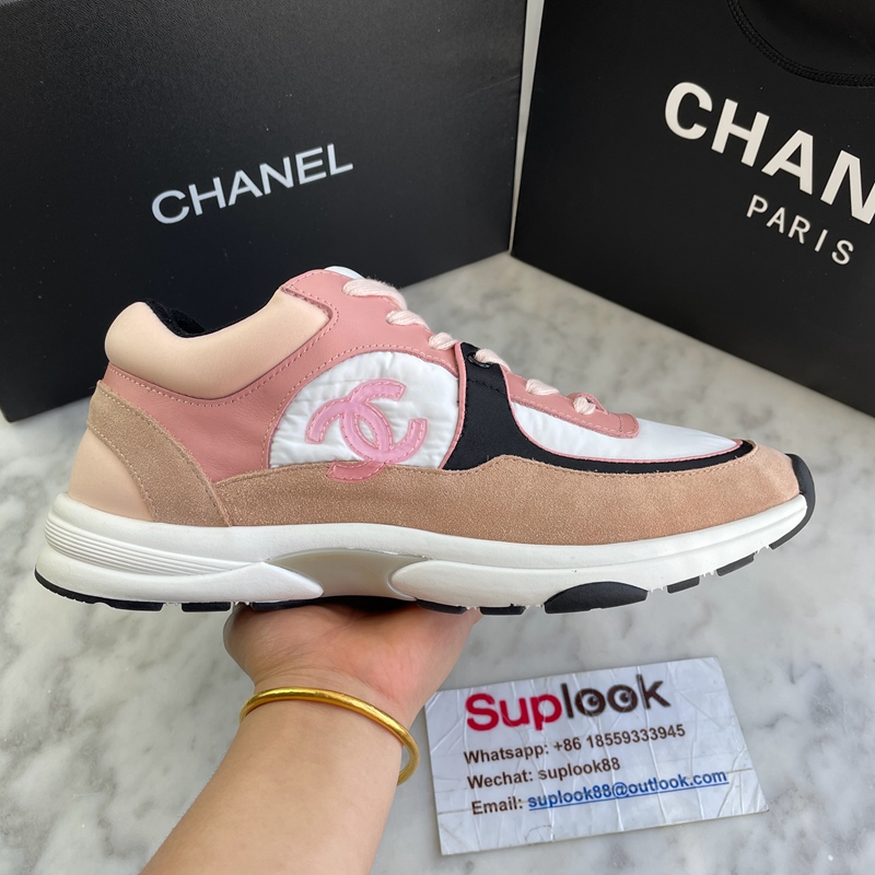 Chanel Nylon Lambskin Suede Calfskin CC Sneakers Pink White Black (4)