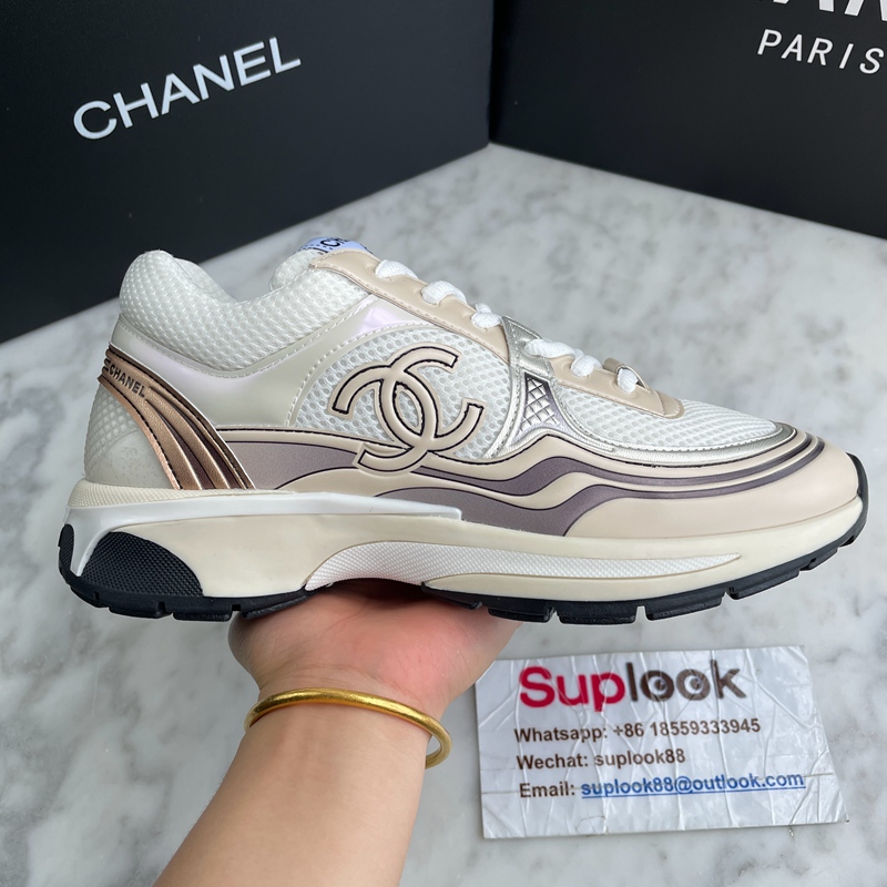 Chanel Fabric Laminated Calfskin Stretch CC Womens Sneakers White Gold Silver (4)