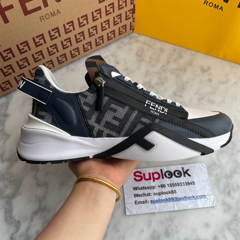 Fendi Flow Sneakers Blue FF Jacquard and White Leather Running Sneakers Blue (4)