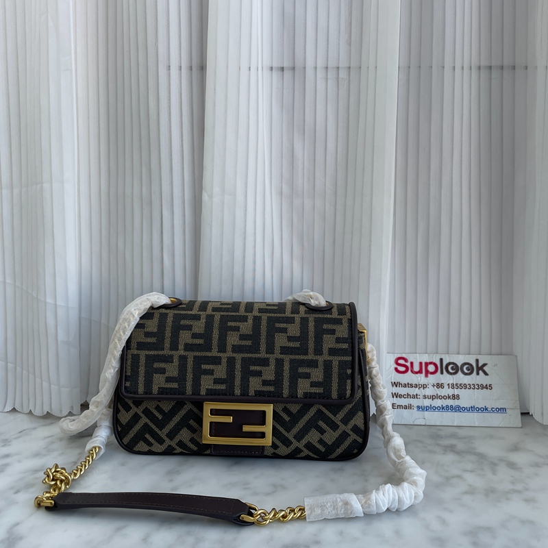 Fendi Baguette Chain Midi Brown FF Jacquard Fabric Bag (2)