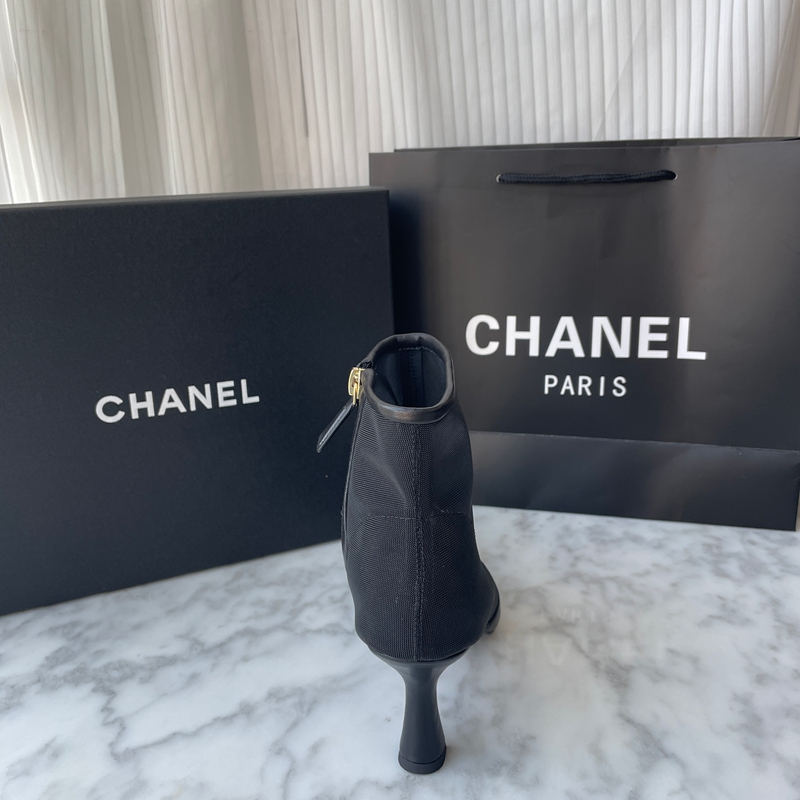 Chanel 26B Black Mesh Lambskin Leather CC Logo Cap Toe Booties Ankle Boots (14)