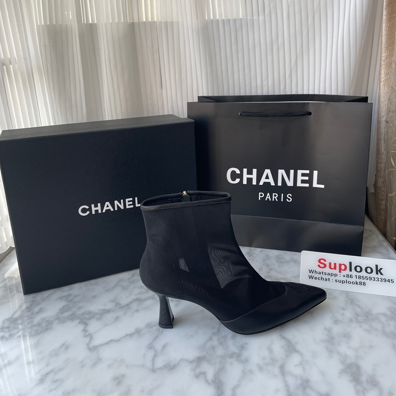 Chanel 26B Black Mesh Lambskin Leather CC Logo Cap Toe Booties Ankle Boots (4)