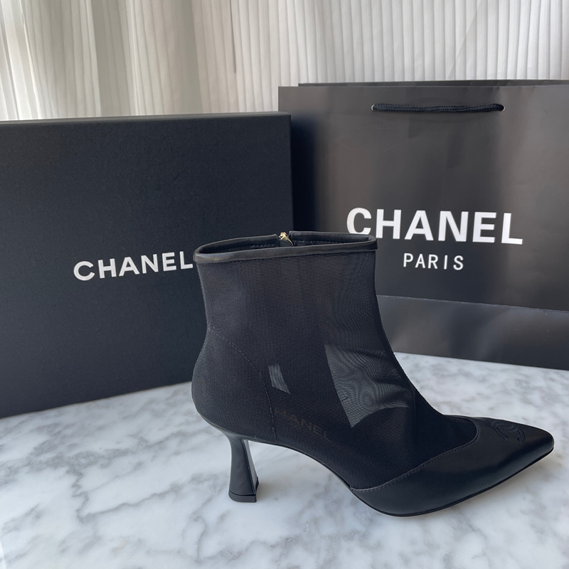 Chanel 26B Black Mesh Lambskin Leather CC Logo Cap Toe Booties Ankle Boots (5)