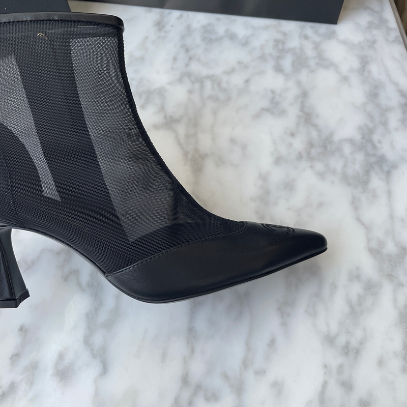 Chanel 26B Black Mesh Lambskin Leather CC Logo Cap Toe Booties Ankle Boots (6)